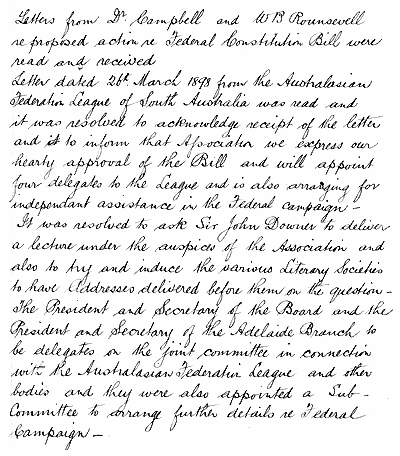 Extract from Minutes of a 'Special Board Meeting' of the Australian Natives' Association held at Beach's Restaurant, Adelaide on 10 May 1897, recording 'our hearty approval of the [Constitution] Bill'. MLSA: SRG 280, Vol. 1888-1898, Australian Natives' Association